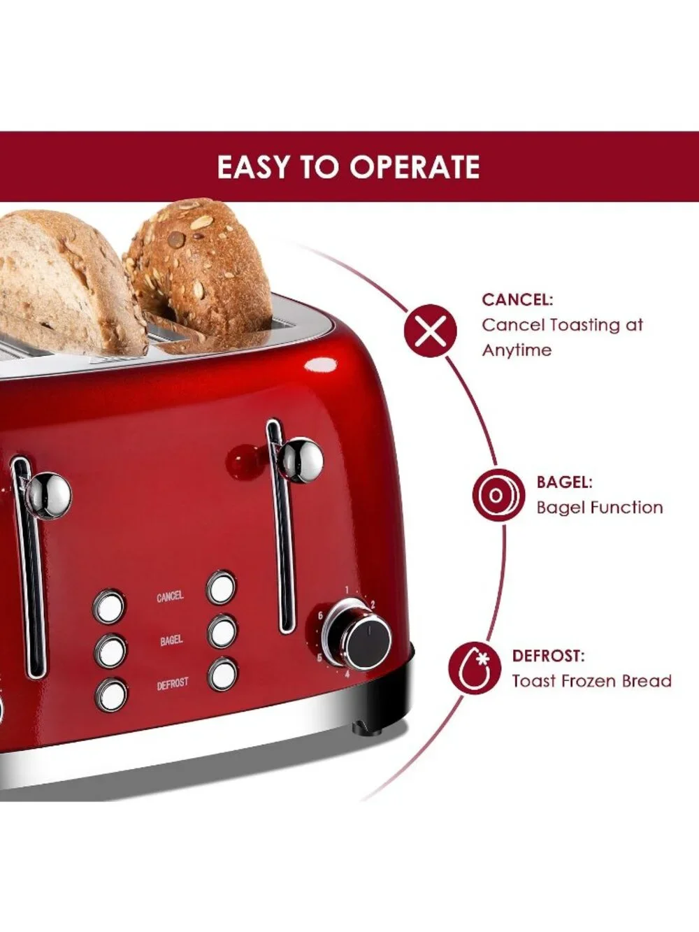 4 Slice Red Retro Stainless Steel with Bagel Defrost Cancel Function Toaster